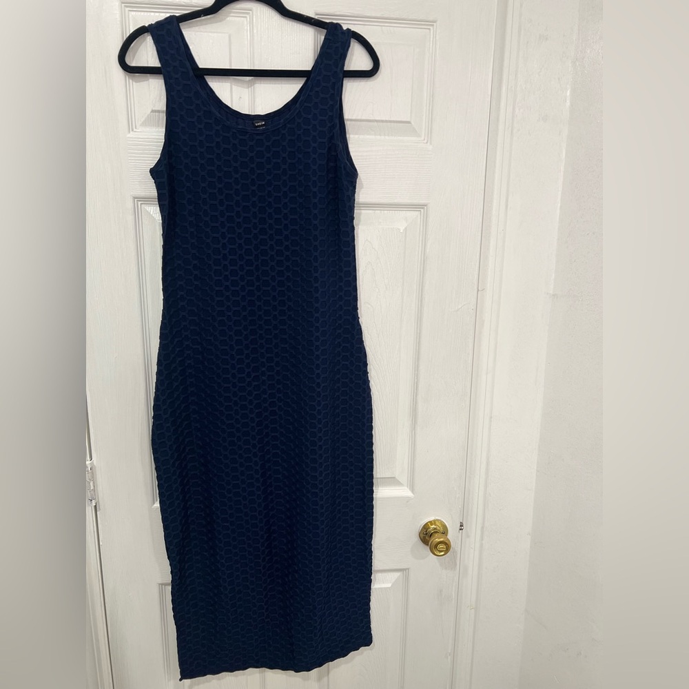 Navy blue sleeveless knit dress.